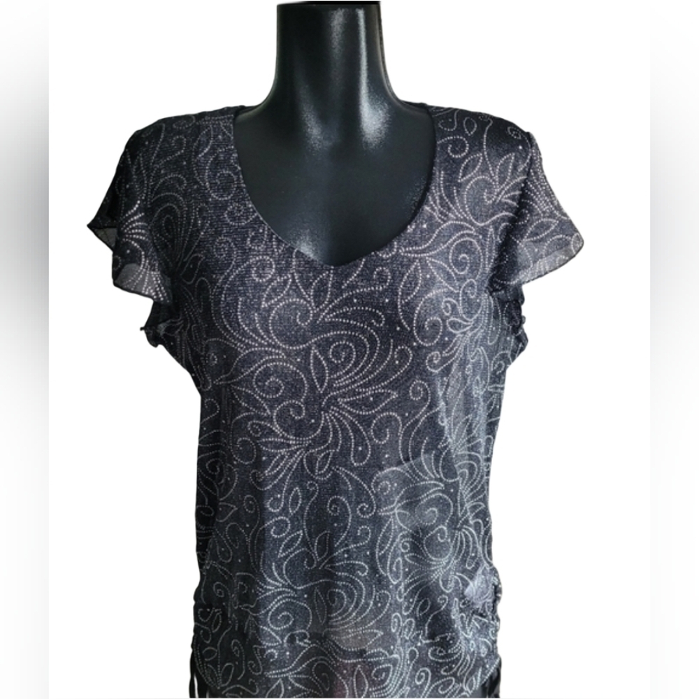 Champagne Black Sheer Silver Dot Patterned Short Sleeve Top Size L